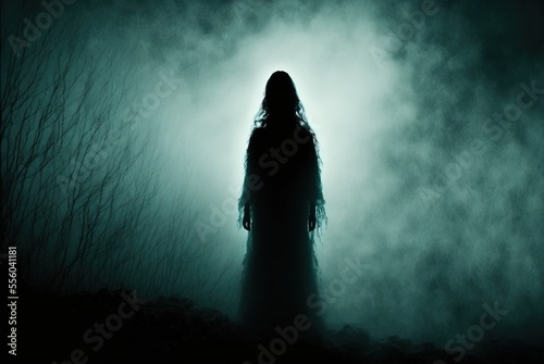 Haunted apparition in a dress with long hair in dense white midnight fog - creepy ghost form of female silhouette.