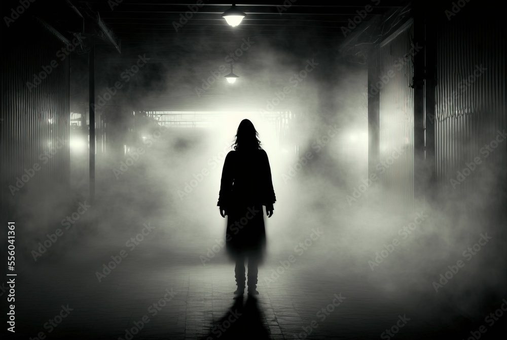 Haunted apparition in a dress with long hair in dense white midnight fog - creepy ghost form of female silhouette.