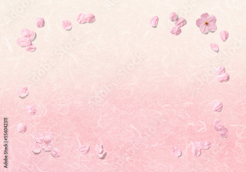 もも色グラデーションの創作和紙と、舞い散る桜の花
