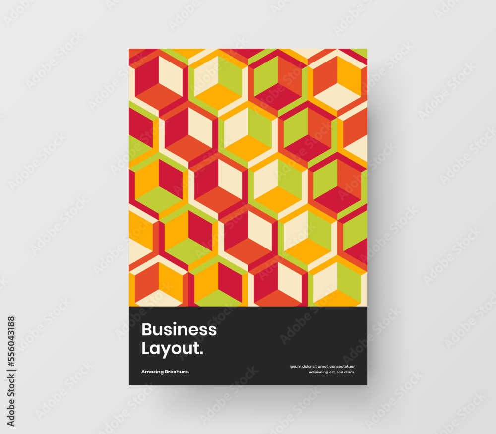Bright geometric pattern leaflet layout. Abstract company brochure design vector illustration.