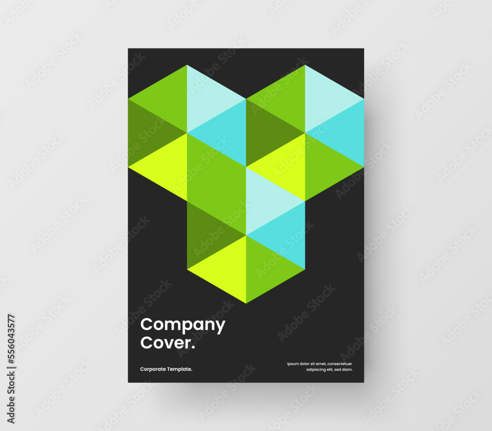 Premium journal cover A4 vector design layout. Bright geometric pattern brochure template.