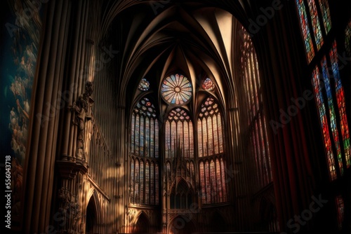 A person standing in front of a large stained glass window.