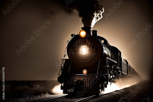Fotografie, Obraz Steam Locomotive at Night - Generative AI