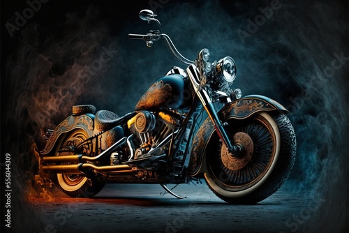 Fototapeta a motorcycle with a skeleton on the back of it is shown in a dark room with smoke and a black background