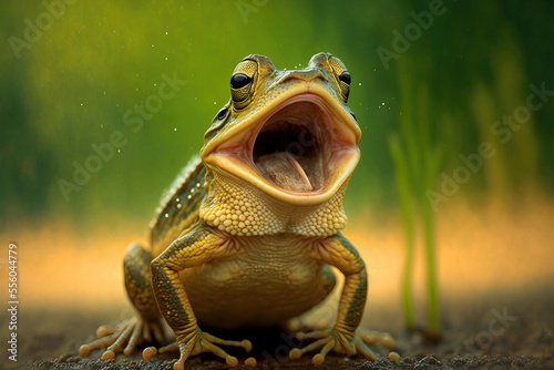 Funny frog with open mouth, as if it is croaking, speaking or singing.  Comedy Wildlife  background. Digital artwork © Katynn