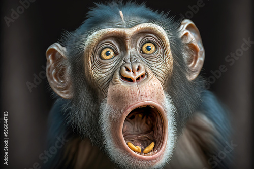 Leinwand Poster Chimpanzee expresses emotions Funny monkey with an open mouth