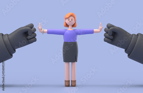 3D illustration of smiling European businesswoman Ellen referee finds compromise. Mediator solving competition. Stop conflict.  3D rendering on blue background.
 photo
