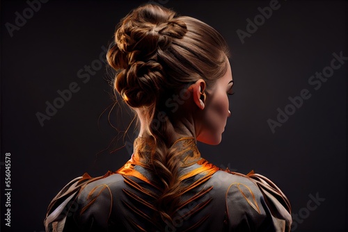 Print op canvas a woman with a braid in her hair and a ponytail in her hair.