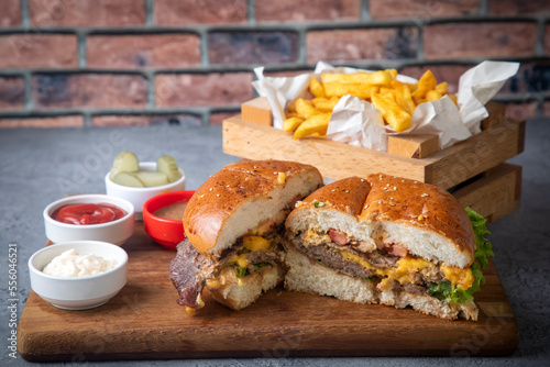 Homemade hamburger served w...