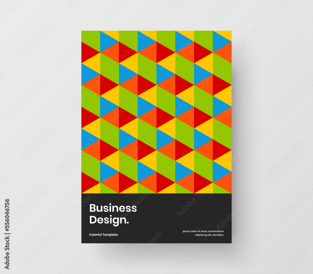 Bright mosaic hexagons company brochure illustration. Isolated journal cover design vector layout.