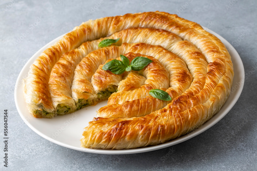 Traditional Turkish pastry with spinach. (Turkish Name: Ispanakli Kol Boregi, Bosnak boregi). Handmade pastry with spinach filling.