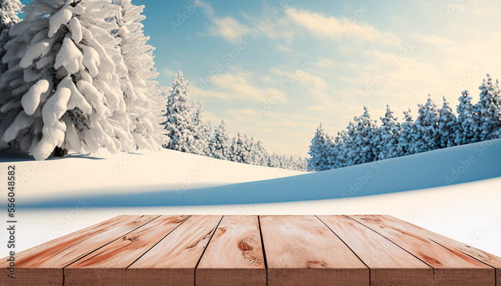 Winter snow landscape with wooden table in front.