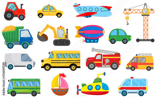 Big vector set of transport and cars in funny cartoon style