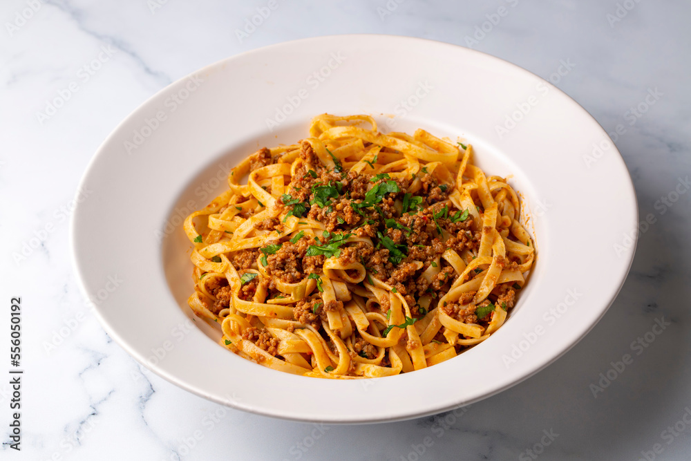 Spaghetti with minced meat in tomato sauce, pasta with noodles. Turkish noodle pasta. Spaghetti with minced meat in tomato sauce, pasta with noodles. Turkish noodle pasta.
