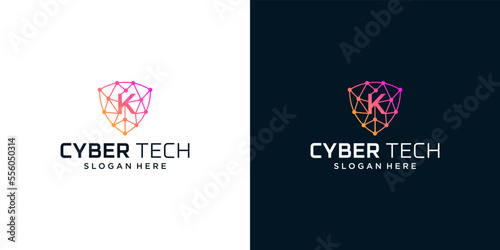 Cyber tech logo design template with initial letter K graphic design vector illustration. Symbol for tech, security, internet, system, Artificial Intelligence and computer.