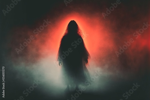 Scary evil spirit haunts the foggy woods at midnight - dangerous undead ghostly apparition in form of female silhouette. photo