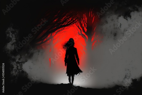 Scary evil spirit haunts the foggy woods at midnight - dangerous undead ghostly apparition in form of female silhouette.