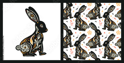Hand-drawn rabbits with hand print linocut style ornament. Set of postcards and seamless vector pattern. Animal hare decorative flower silhouette illustration. Folk art design for fabric, paper