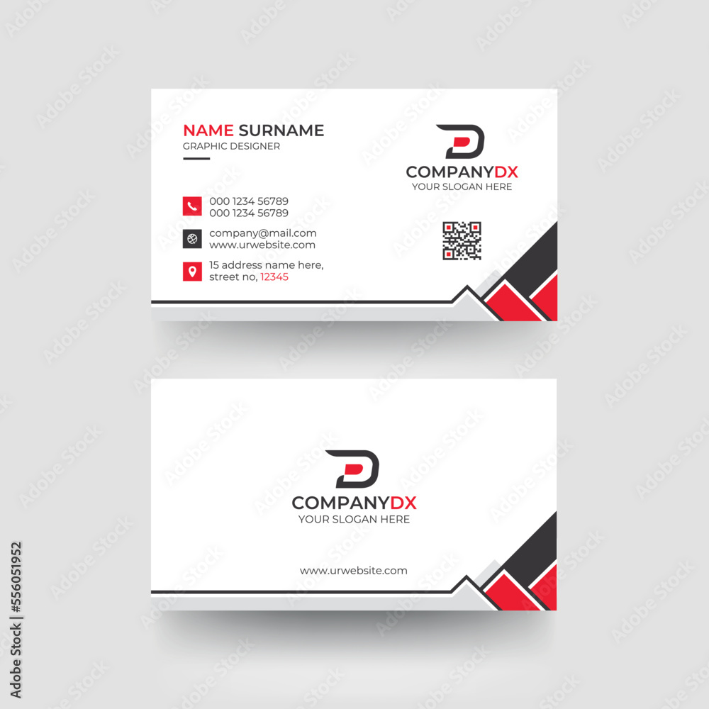 White Creative and modern business card with red shape vector clean graphic design. White Creative and modern business card with red shape vector clean graphic design.