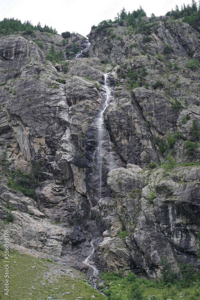 closeup of the waterfall in the mountains in the southern Alps, France