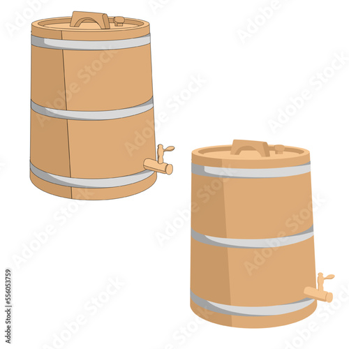 Vector wooden barrel with lid and faucet flat with shadows isolated on white background