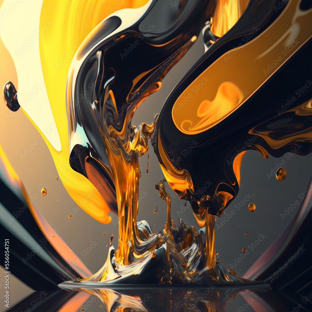 Abstract liquid black-yellow background.Liquid and oil abstraction.Ai generated.