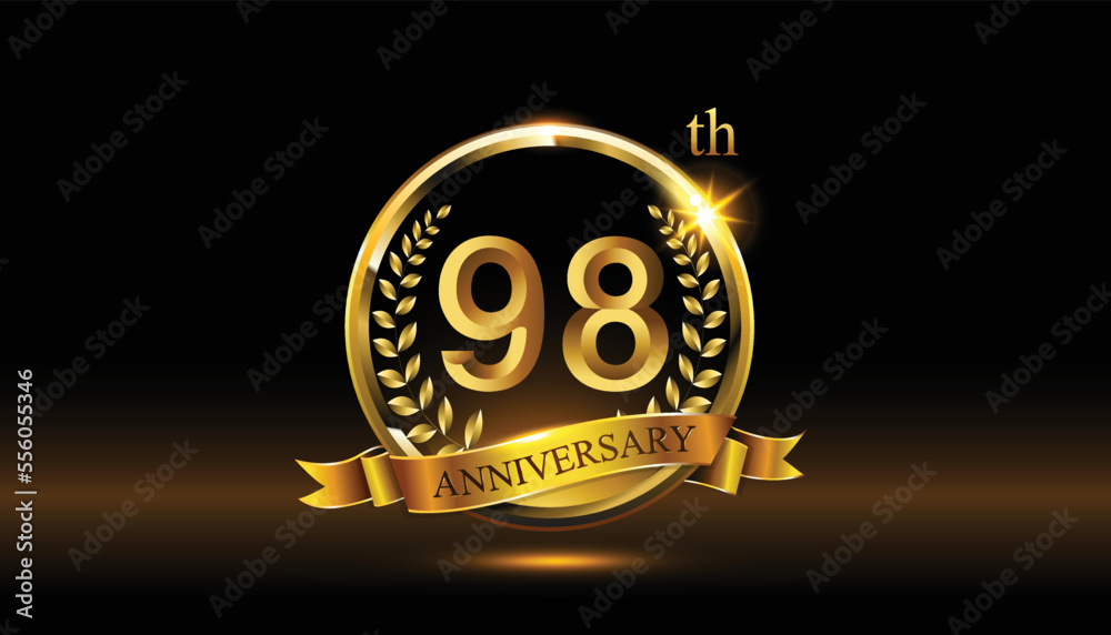 Naklejka premium 98th anniversary logo with golden ring, confetti and Gold ribbon isolated on elegant black background, sparkle, vector design for greeting catch and invitation Cath