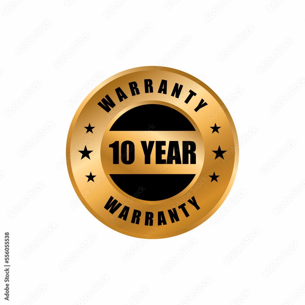 10 year warranty vector icon. color in gold, ten years warranty stamp