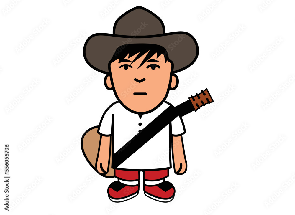 Boy is bring the guitar. Musical performance. Vector illustration in cartoon style