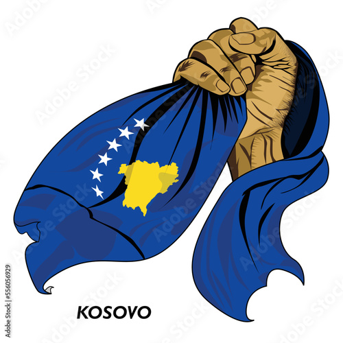 Fisted hand holding Kosovan flag. Vector illustration of Hand lifted and grabbing flag. Flag draping around hand. Eps format