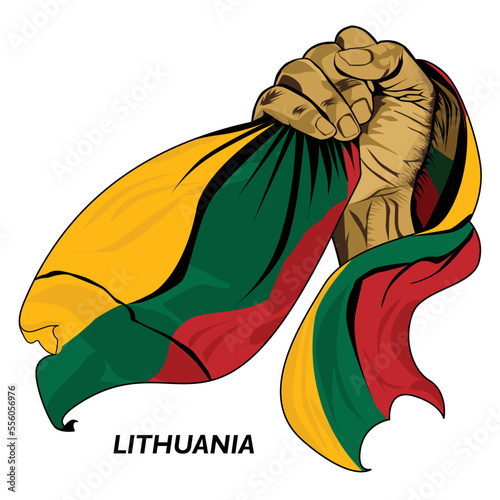Fisted hand holding Lithuanian flag. Vector illustration of Hand lifted and grabbing flag. Flag draping around hand. Eps format