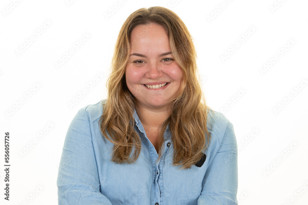 Smiling chubby woman beautiful attractive young blonde plus size body positive on white background portrait Smiling chubby woman beautiful attractive young blonde plus size body positive on white background portrait