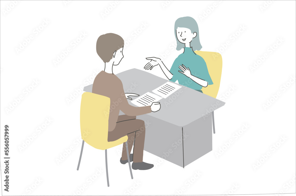 窓口で相談する男性と女性 イラスト 窓口で相談する男性と女性 イラスト