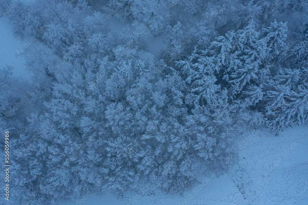 Fototapeta premium Drohnen Luftaufnahme, Schneelandschaft oder Winterlandschaft von einem Ackerland in Deutschland