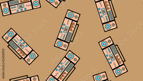 Seamless pattern endless with music audio cassette old retro tape recorders vintage hipster from 70s, 80s, 90s isolated on brown background. Vector illustration