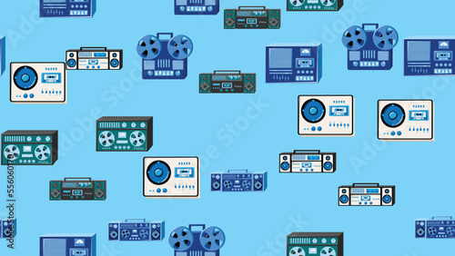 Seamless pattern endless with music audio cassette old retro tape recorders vintage hipster from 70s, 80s, 90s isolated on blue background. Vector illustration