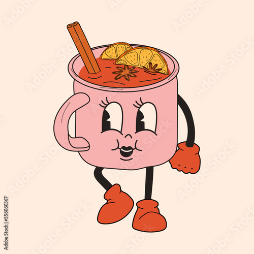 Retro Mulled wine in a cup. 30s cartoon mascot character -. 40s, 50s, 60s old animation style.Mulled wine with cinnamon.Vector in cartoon style. All elements are isolated