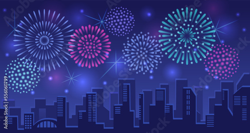 New year festive fireworks, anniversary celebrate. Glowing carnival lights. Display of happy city night, stars in sky, carnival season. Illuminated background. Urban landscape vector illustration