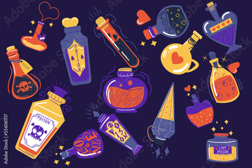 Magic potions. Alchemy drink. Love beverage. Toxic poison. Glass bottle. Fantasy chemistry. Witch laboratory. Substance phial. Witchcraft liquid spell pot. Vector magical elixirs set