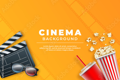 Cinema banner, movie film web template, popcorn and cold drink, landing page. 3d theater watching, video entertainment, hollywood reel. 3D glasses. Premiere watch. Vector concept background