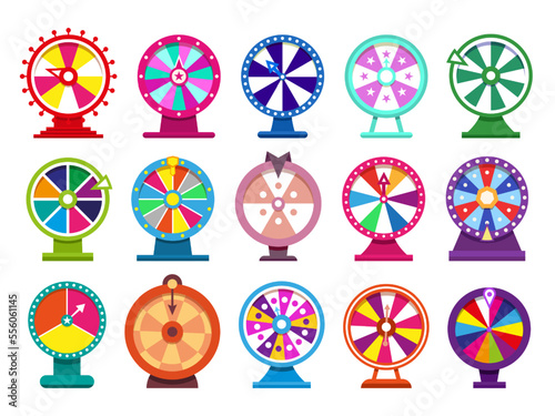 Wheel spin roulette set, lottery game isolated flat elements. Win prize in lucky casino, arrow like a money chance, luck turn. Bright colors target. Vector illustration online gamble objects