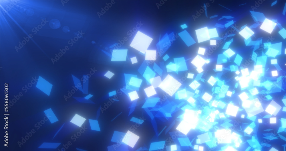 Abstract flying small blue glowing glass squares shiny energetic magical on a dark background. Abstract background Abstract flying small blue glowing glass squares shiny energetic magical on a dark background. Abstract background
