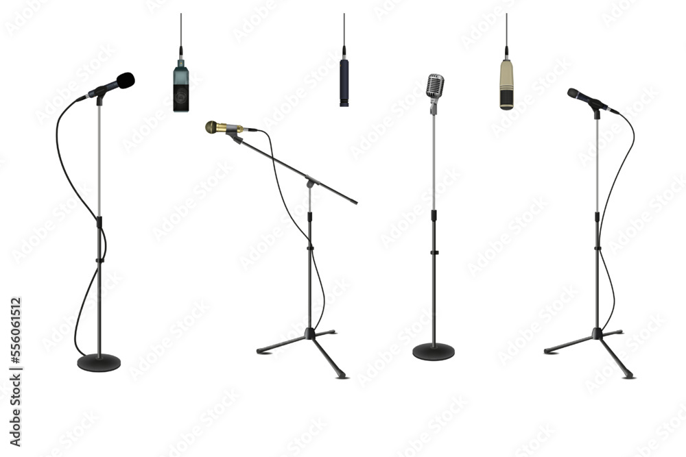 Realistic microphones. Stand mic tripod. Hanging on wire mike. Vintage  stage stick. Karaoke studio. Professional concert equipment. Voice volume.  Audio broadcast. Vector stereo devices set Stock Vector | Adobe Stock