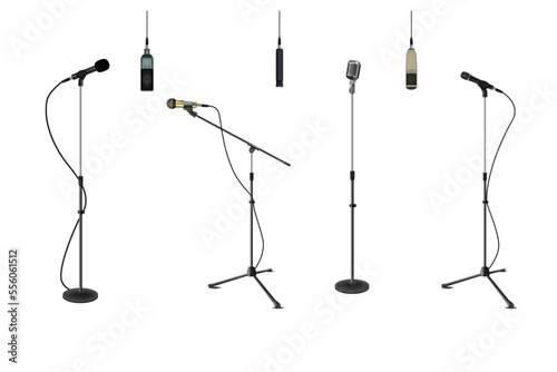 Realistic microphones. Stand mic tripod. Hanging on wire mike. Vintage stage stick. Karaoke studio. Professional concert equipment. Voice volume. Audio broadcast. Vector stereo devices set