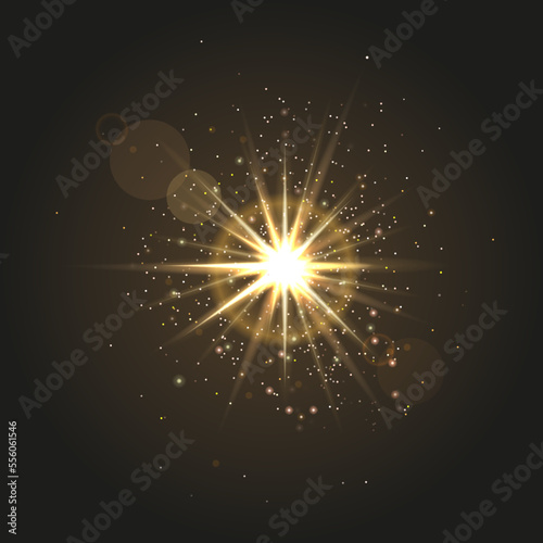 Glitter star light, golden glow effect. Shine bright, gold magic spark, flash shiny flare beam, minimal festive starlight. Firework explosion. Vector transparent element on background