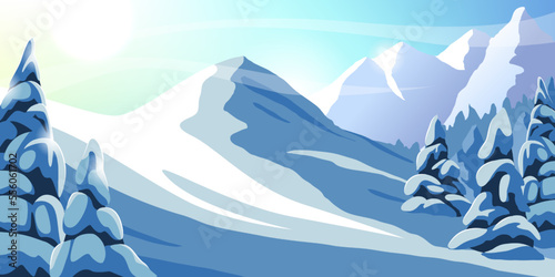 Snowy winter scene. Mountain peaks. Hills with pine forest. Christmas snow landscape. Scenic skyline. Xmas holidays. Rock summits panorama. Nature scenery. Vector cartoon background