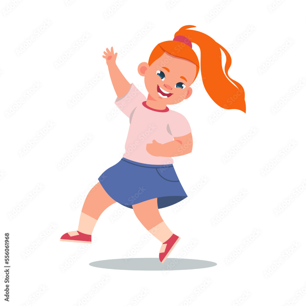 Cute girl. Cartoon happy red head child, smiling funny character laughing and jumping, waving hand gesture, school active kids friendship, playful teen, vector isolated childhood concept Cute girl. Cartoon happy red head child, smiling funny character laughing and jumping, waving hand gesture, school active kids friendship, playful teen, vector isolated childhood concept