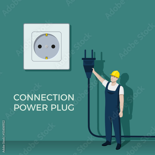 Electricity plug connection. Unplugged wire. Light socket. Electrician repair work. Energy connect. Electric power disconnect. Maintenance supply. Workman in uniform. Vector design concept