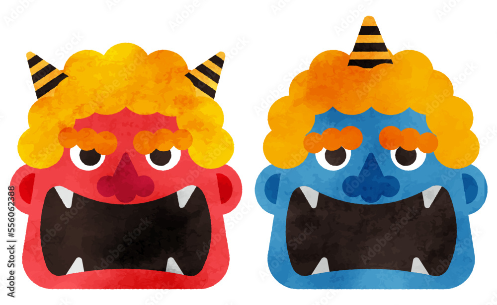 大きく口を明けた赤鬼と青鬼のイラストセット(水彩風) vector de Stock | Adobe Stock