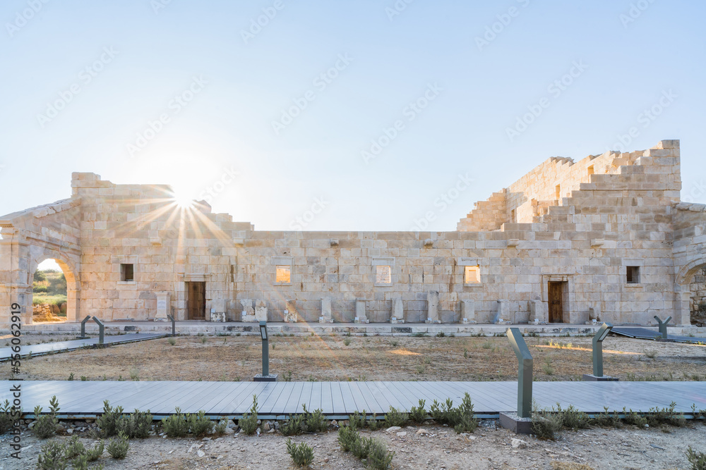 Fototapeta premium Patara (Pttra). Ruins of the ancient Lycian city Patara. Amphi-theatre and the assembly hall of Lycia public. Patara was at the Lycia (Lycian) League's capital. The Lycian League Parliament. Turkey.